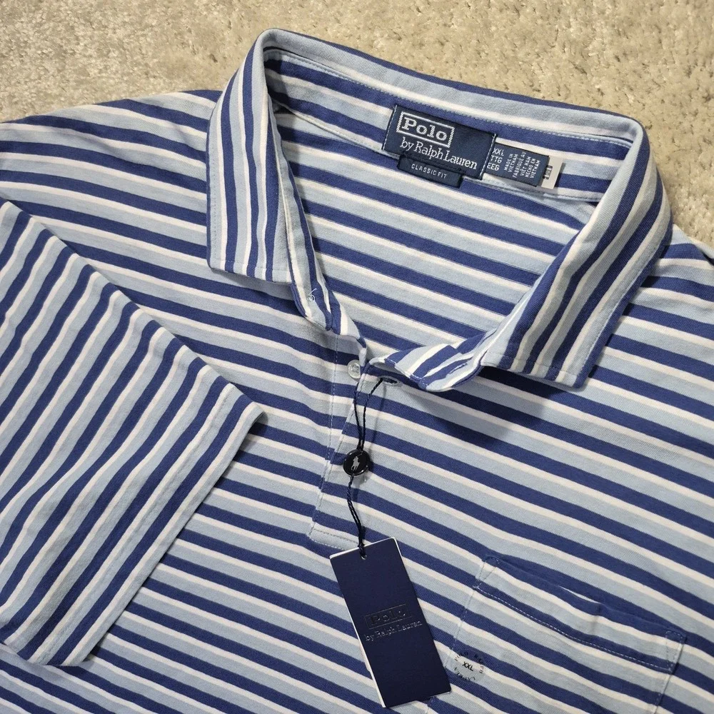 Polo Ralph Lauren Classic Fit Cotton Linen Polo Shirt Mens 2XL Blue Stripe New